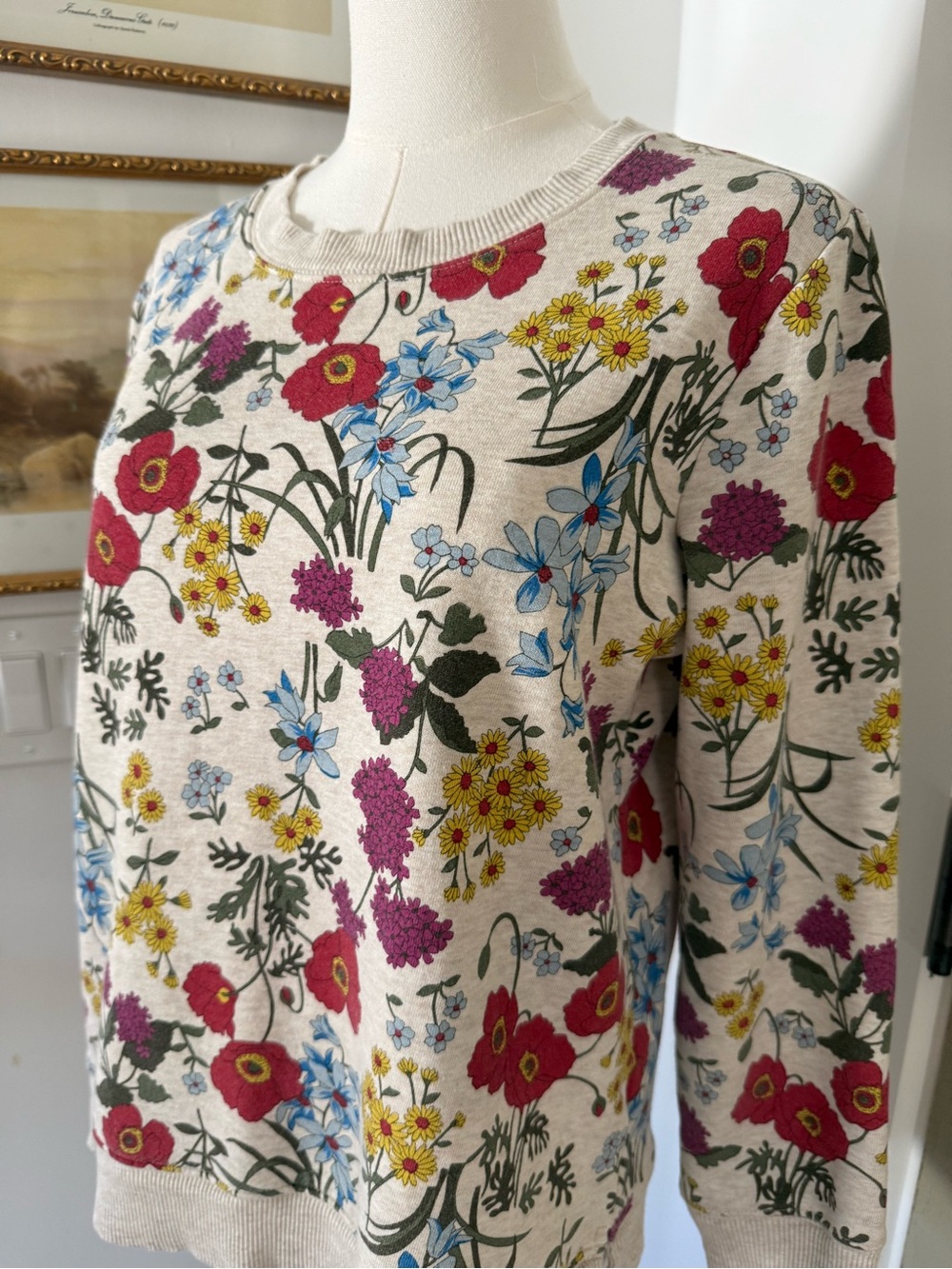 Floral Crewneck Sweater - Cream with Red & Purple Flowers - Picture 4 of 7
